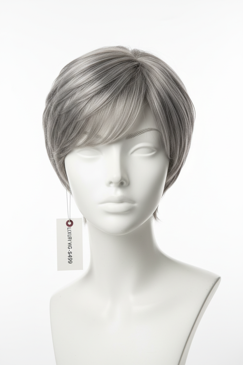 Peruvian Pixie Cut Wig in Ash Silver on mannequin head