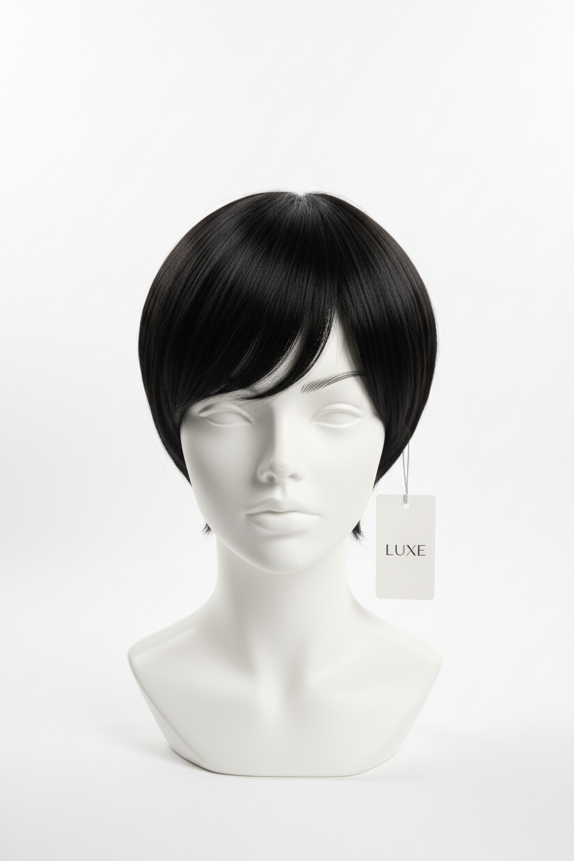 Peruvian Pixie Cut Wig in Midnight Black on mannequin head