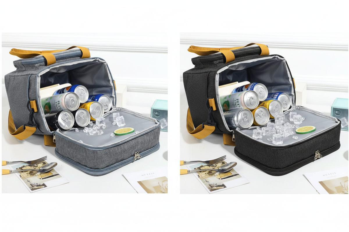 Navy blue and black dual-layer cooler bag open showing compartments with drinks and ice