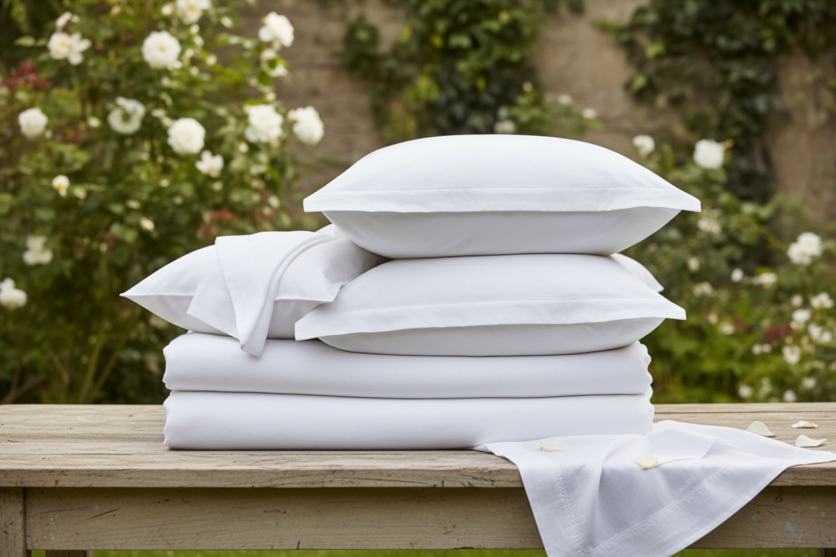 White Linen Bedsheet Set - Folded Outdoor